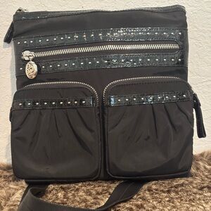Brighton Studded Nylon and Leather Crossbody Bag